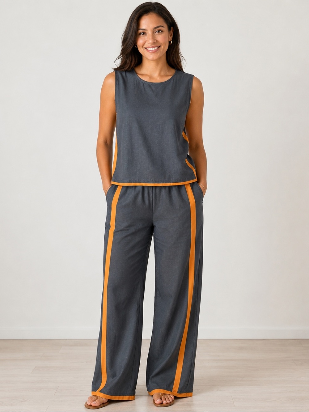 Women’s Gray & Orange 2-Piece Pants Set Sleeveless Top Size L